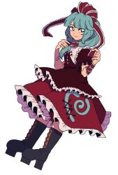  1girl black_boots boots bow closed_mouth commentary_request frilled_bow frilled_ribbon frilled_shirt frilled_skirt frills full_body green_eyes green_hair hair_bow high_heel_boots high_heels highres kagiyama_hina lace-up_boots long_hair looking_at_viewer orange555_555 red_bow red_ribbon red_shirt red_skirt ribbon shirt simple_background skirt smile solo touhou white_background wrist_ribbon 