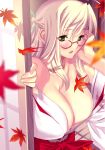  1girl adjusting_hair bare_shoulders blonde_hair blush breasts cleavage collarbone falling_leaves glasses green_eyes hair_intakes hair_ribbon half_updo huge_breasts japanese_clothes konsu_konsuke leaf long_hair looking_to_the_side maple_leaf miko open_clothes original parted_lips ribbon semi-rimless_glasses solo 