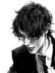  1boy as_(ashes) black_hair closed_mouth collared_shirt formal glasses greyscale hair_over_one_eye jacket male_focus monochrome necktie original simple_background solo white_background 