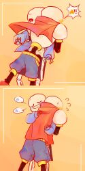  ! !! 2018 2boys 2d armor artist_name black_shorts blue_jacket blue_shorts blush boots brothers cape closed_eyes commentary digital_media duo english_commentary flying_sweatdrops gloves grey_hood heart highres hollow_eyes hood hood_down hooded_jacket hug humanoid jacket male male_focus male_only monster monster_boy multiple_boys orange_background papyrus_(undertale) red_boots red_cape red_gloves sans_(undertale) shirt shorts siblings simple_background single_vertical_stripe skeleton spoken_heart striped_shorts sweat teeth undead undertale utdr_(toby_fox) veah3 vertical-striped_clothes vertical-striped_shorts white_armor white_shirt white_stripes 