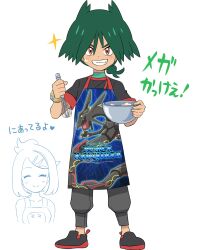  1girl absurdres alternate_color apron black_hair blush bowl bracelet closed_eyes closed_mouth cowlick green_hair grey_pants hair_ornament hairclip highres holding holding_bowl holding_whisk jewelry liko_(pokemon) multicolored_hair pants pokemoa pokemon pokemon_(anime) pokemon_horizons rayquaza shiny_pokemon shirt short_sleeves smile teeth ult_(pokemon) whisk 