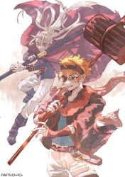  2boys belt black_headband black_jacket black_order_uniform blue_shirt boots brown_background brown_boots cape closed_mouth coat collared_jacket d.gray-man ear_piercing earrings eyepatch facial_mark floating floating_cape floating_hair floating_scarf fruitsjellies glasses gloves green_eyes hair_between_eyes hammer headband highres holding holding_hammer holding_staff holding_weapon hoop_earrings huge_weapon jacket jewelry landing lavi long_hair looking_ahead looking_down looking_to_the_side male_focus messy_hair military military_uniform multiple_boys one_eye_closed one_eye_covered orange_hair pants parted_lips past_lavi_(d.gray-man) piercing pink_cape purple_boots purple_coat red_scarf red_stripes red_wrist_cuffs round_eyewear scar scar_across_eye scar_on_face scarf shirt short_hair sidelocks signature staff striped_clothes striped_coat striped_headband striped_jacket thigh_boots twitter_username two-tone_background violet_eyes weapon white_background white_gloves white_hair white_pants wrist_cuffs yellow_stripes 