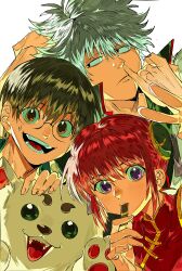  1girl 2boys absurdres black_hair blue_hair brown_eyes brown_hair bun_cover china_dress chinese_clothes dog dress eating food gintama glasses grey_hair hair_bun highres holding kagura_(gintama) looking_at_viewer multiple_boys open_mouth popped_collar red_dress red_hair round_eyewear sadaharu sakata_gintoki shimura_shinpachi short_hair smile sweatdrop teeth v violet_eyes white_background xi_luo_an_ya 