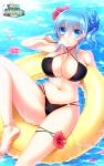  1girl anklet bare_legs barefoot bikini black_bikini blue_eyes blue_hair blush breasts cleavage copyright_name copyright_request criss-cross_halter eating flower food_in_mouth hair_flower hair_ornament halter_top halterneck hibiscus hlz innertube jewelry large_breasts looking_at_viewer navel official_art petals popsicle short_hair side_ponytail solo sparkle swimsuit water wet 