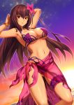  1girl armpits arms_behind_head arms_up bangle bikini bracelet breasts cleavage dutch_angle emanon123 fate/grand_order fate_(series) flower garters hair_flower hair_ornament highres jewelry large_breasts long_hair looking_at_viewer navel parted_lips purple_hair red_eyes sarong scathach_(fate/grand_order) scathach_(swimsuit_assassin)_(fate) smile solo sunset swimsuit under_boob 