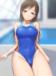  1girl arm_support bare_arms bare_shoulders blue_swimsuit blurry_background breasts brown_eyes brown_hair collarbone competition_swimsuit groin hashi head_tilt idolmaster idolmaster_cinderella_girls indoors large_breasts leaning_back legs_together looking_at_viewer nitta_minami one-piece_swimsuit pool rei_no_pool sitting solo swimsuit thighs water 