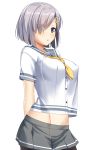  1girl arms_behind_back black_legwear blue_eyes blush breasts erect_nipples gogo_shichi-ji hair_ornament hair_over_one_eye hairclip hamakaze_(kantai_collection) highres kantai_collection looking_at_viewer midriff navel open_mouth pantyhose school_uniform serafuku short_hair silver_hair simple_background skirt solo standing white_background 