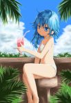  1girl asymmetrical_hair bikini blue_eyes blue_hair clouds d-rev_g drink kantai_collection leaf minazuki_(kantai_collection) short_hair sitting stool swimsuit 