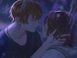  1boy 1girl black_shirt blurry blurry_foreground brown_eyes brown_hair closed_mouth crying crying_with_eyes_open green_eyes hetero highres hood hoodie jewelry long_hair luke_pearce_(tears_of_themis) marina_mag necklace night outdoors rain rosa_(tears_of_themis) shirt short_hair tears tears_of_themis water_drop wet wet_hair white_hoodie 