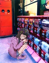  1girl baseball_cap black_hair character_charm charm_(object) closed_eyes commentary denim denim_shorts eighth_note gashapon goma_(gogo_gowa) grin hat heart highres holding holding_toy idolmaster idolmaster_shiny_colors jacket long_hair mitsumine_yuika musical_note pink_jacket pink_shoes print_headwear real_life_insert round_eyewear shoes shorts smile sneakers solo squatting toy 