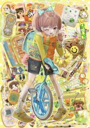  1girl bag bow brown_eyes brown_hair cameo cellphone cellphone_charm character_request charm_(object) child clover commentary_request copyright_request corocorokuririn daisy_lovers denim denim_shorts dog flip_phone four-leaf_clover gem green_bow hair_bow hair_ornament hairclip hamster hamtaro hamtaro_(series) heart heisei heisei_retro highres holding holding_phone jacket kirarin_revolution long_hair merchandise na-san one_eye_closed original phone ponytail q-lia san-x sanrio shinanashina shoes short_hair shorts smiley_face sneakers socks solo standing star_(symbol) stationery toy unicycle usahana wan_wan_wanco yellow_theme 