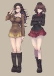  2girls bare_legs blush boots breasts brown_eyes brown_hair crossed_arms garrison_cap girls_und_panzer grey_background hair_over_one_eye hat highres knee_boots large_breasts legs long_hair m2b miniskirt mityubi multiple_girls nishi_kinuyo nishizumi_maho pleated_skirt red_skirt salute short_hair skirt thighs yellow_skirt 