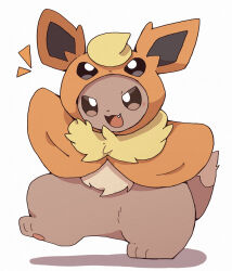  animal_focus brown_eyes character_hood clothed_pokemon cosplay eevee fang flareon flareon_(cosplay) full_body highres kemosuk no_humans open_mouth pokemon pokemon_(creature) pokemon_focus simple_background smile solo white_background 