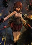  1girl absurdres aircraft bike_shorts bow_(weapon) brown_eyes brown_hair corset crossbow flight_deck headgear highres holding holding_weapon kaamin_(mariarose753) kamindani kantai_collection long_sleeves looking_at_viewer machinery pleated_skirt red_skirt short_hair shorts_under_skirt skirt solo taihou_(kantai_collection) twitter_username water weapon 