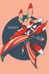  10s amanokiri character_name highres lurantis no_humans pink_background pokemon pokemon_(creature) pokemon_(game) pokemon_sm red_eyes simple_background solo 