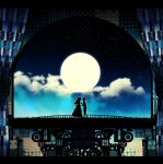  2girls abstract anna_(omoide_no_marnie) clouds dress from_side gears hand_holding harada_miyuki long_hair looking_at_another marnie moon multiple_girls night night_sky omoide_no_marnie outdoors short_hair silhouette standing stars 
