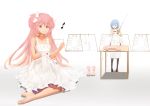  2girls apron barefoot blackrabbitsoul blue_eyes blue_hair bow brown_eyes choker dress goddess_madoka hair_bow hair_ornament hairclip kaname_madoka kyubey mahou_shoujo_madoka_magica miki_sayaka multiple_girls musical_note pink_hair quaver red_eyes restrained sewing short_hair sitting skinning smile sword table two_side_up weapon white_dress 