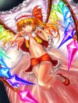  1girl blonde_hair flandre_scarlet hat lying mob_cap navel on_back open_clothes open_mouth redhead solo touhou uemura_shun wings 