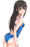  1girl arms_at_sides ass bare_arms bare_shoulders blue_swimsuit blush breasts closed_mouth competition_swimsuit eyebrows eyebrows_visible_through_hair from_behind from_side green_eyes hair_between_eyes hashi idolmaster idolmaster_cinderella_girls long_hair looking_at_viewer looking_back one-piece_swimsuit serious shibuya_rin small_breasts solo standing swimsuit thighs white_background 