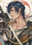  1boy black_gloves blue_hair collarbone eyepatch gloves goriraneesan katana male_focus necktie profile shokudaikiri_mitsutada solo sword touken_ranbu weapon yellow_eyes 