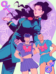  1girl 2boys abs commentary crossdressing diamond_wa_kudakenai dollar_sign gakuran higashikata_josuke highres jojo_no_kimyou_na_bouken long_hair multiple_boys nijimura_okuyasu oniyama831 open_mouth peace_symbol pompadour school_uniform sweat yamagishi_yukako yen_sign 