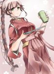  1girl alternate_costume blush breasts cosplay cup drinking_glass green_eyes hair_flaps hair_ornament hair_ribbon hakama highres holding_tray japanese_clothes kamikaze_(kantai_collection) kamikaze_(kantai_collection)_(cosplay) kantai_collection kazu_(really_in_hot_water_now) kimono long_hair long_sleeves looking_at_viewer pink_hair pink_hakama ponytail ribbon side_ponytail skirt smile solo tasuki very_long_hair yura_(kantai_collection) 