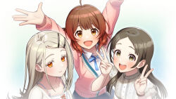  3girls blonde_hair blue_ribbon brown_hair cardigan commentary_request double_v earrings flipped_hair gakuen_idolmaster gradient_hair hanami_ume idolmaster jewelry kuramoto_china layered_sleeves long_hair looking_at_viewer medium_hair multicolored_hair multiple_girls neck_ribbon orange_hair outstretched_arms parted_bangs pink_cardigan ribbon shinosawa_hiro shirt simple_background skirt straight_hair stud_earrings taba_neruko upper_body v white_background white_shirt 