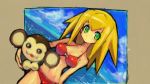  1girl animal beach bikini blonde_hair green_eyes long_hair monkey ocean rockman rockman_dash roll_caskett solo tagme 