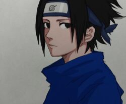  1boy black_eyes black_hair blue_shirt closed_mouth commentary_request forehead_protector frown hair_behind_ear jn1ig konohagakure_symbol looking_to_the_side male_focus naruto naruto_(series) shirt short_hair sideways_glance solo uchiha_sasuke upper_body 