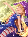  1girl ;d american_flag_legwear american_flag_shirt blonde_hair breasts clownpiece dutch_angle fairy_wings fang fire frilled_shirt_collar frills hat izuru jester_cap long_hair looking_at_viewer moon neck_ruff one_eye_closed open_mouth outstretched_arm pantyhose polka_dot red_eyes shirt short_sleeves sky small_breasts smile solo star star_(sky) star_print starry_sky striped torch touhou very_long_hair wings 