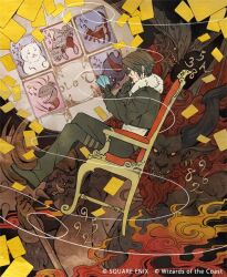  black_gloves black_hair brothers_(ff8) card cerberus_(ff8) copyright_notice diabolos final_fantasy final_fantasy_viii fur-trimmed_jacket fur_trim gloves hagiya_kaoru hand_to_own_mouth holding holding_card ifrit_(final_fantasy) jacket magic:_the_gathering moogle official_art on_chair playing_card sitting squall_leonhart thinking 