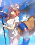  1girl animal_ears beach breasts chocoan closed_umbrella clouds day fang fate/extra fate/grand_order fate_(series) fox_ears fox_tail innertube long_hair looking_at_viewer ocean open_mouth outdoors pink_hair shirt sky smile solo standing swimsuit tail tamamo_(fate)_(all) tamamo_no_mae_(swimsuit_lancer)_(fate) umbrella water yellow_eyes 