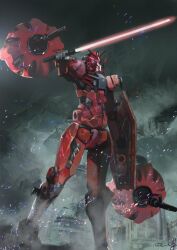  arm_up bit_(gundam) embers energy_sword full_body glowing glowing_eyes gundam gundam_gquuuuuux holding holding_shield holding_sword holding_weapon mecha mecha_focus miso_katsu mobile_suit no_humans red_gundam robot science_fiction shield standing sword v-fin violet_eyes weapon 