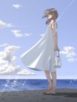  1girl arms_behind_back ass bag bare_arms bare_shoulders barefoot brown_eyes brown_hair clouds dress flat_ass flat_chest from_side grocery_bag hettsuaa highres kantai_collection looking_at_viewer ocean outdoors ryuujou_(kantai_collection) see-through_silhouette shopping_bag sky sleeveless sleeveless_dress smile solo sparkle sundress twintails visor_cap wind 
