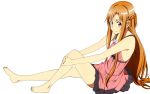  1girl asuna_(sao) barefoot brown_eyes brown_hair dress feet habe_takashi highres long_hair looking_at_viewer official_art pink_dress simple_background smile solo sword_art_online toes white_background 