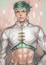  1boy abs crop_top earrings goriraneesan green_eyes green_hair headband jewelry jojo_no_kimyou_na_bouken kishibe_rohan male_focus matching_hair/eyes midriff navel solo twitter_username 