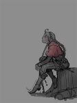  1girl 2016 ahoge artist_name belt boots bow_(weapon) braid capelet commentary dated eponine_(fire_emblem_if) fire_emblem fire_emblem_if grey_background greyscale hairband killuba long_hair looking_up monochrome profile simple_background sitting sketch solo spot_color tree_stump weapon 