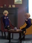  2girls artist_name blazer blonde_hair bloom blue_eyes blurry braid chair clock cup darjeeling dated depth_of_field french_braid girls_und_panzer ground_vehicle hand_in_lap hand_on_lap hettsuaa highres holding holding_cup indoors jacket lens_flare loafers looking_at_viewer mantelpiece mantle_clock military military_vehicle motor_vehicle multiple_girls orange_hair orange_pekoe painting_(object) pantyhose saucer school_uniform shoes sitting table tank tea teacup teapot window 