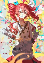  1girl absurdres ahoge black_sleeve_cuffs blue_background blush bow buttons candy colorful_background double-breasted drill_hair dual_persona flat_chest floating_hair flve food grey_skirt hair_between_eyes hair_bow hair_ribbon highres jacket kasane_teto kasane_teto_(sv) layered_sleeves long_sleeves looking_at_viewer midriff_peek musical_staff musical_staff_print orange_background pearto red_background red_eyes red_hair red_skirt red_trim ribbon shoulder_belt shoulder_boards skirt striped_clothes striped_jacket striped_skirt synthesizer_v twin_drills twintails utau white_bow white_ribbon yellow_background 