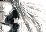  1boy 1girl armor belt bloom blush breasts capelet chains closed_eyes couple fate/grand_order fate_(series) from_side fujimaru_ritsuka_(male) gauntlets greyscale headpiece hetero jeanne_alter kiss large_breasts long_hair male_protagonist_(fate/grand_order) monochrome nose_blush out_of_frame profile ruler_(fate/apocrypha) ruler_(fate/grand_order) sanmotogoroo sweat upper_body white_background 