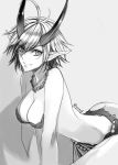  1girl ahoge all_fours arm_support artist_name breasts cleavage collarbone demon_girl demon_hunter_(world_of_warcraft) earrings greyscale horns jewelry light_smile looking_at_viewer monochrome necklace pasties pointy_ears short_hair slit_pupils smile solo twitter_username warcraft world_of_warcraft yutif 