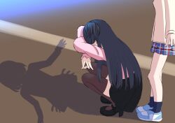  2girls black_hair black_shoes black_skirt black_thighhighs blue_socks cardigan cat_shadow_puppet_(meme) failure high_heels idolmaster idolmaster_shiny_colors leftea long_hair long_sleeves mayuzumi_fuyuko meme miniskirt multiple_girls serizawa_asahi shadow shirt shoes skirt socks thigh-highs white_cardigan white_shirt zettai_ryouiki 