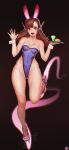  1girl adapted_costume animal_ears breasts brown_hair bunnysuit cleavage d.va_(overwatch) highleg highleg_leotard highres instant_ip leotard open_mouth overwatch rabbit_ears smile solo tray 