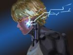  1boy android blonde_hair cyborg damaged electricity exposed from_side genos glowing_lines hettsuaa highres mechanical_parts one-punch_man original simple_background solo sparks yellow_eyes 