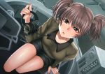  1girl alisa_(girls_und_panzer) bomber_jacket brown_eyes brown_hair fingernails freckles girls_und_panzer headphones headset holding_headphones jacket long_fingernails looking-at_viewer looking_at_viewer mutsuki_yamato short_twintails shorts solo twintails 