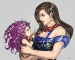  1boy 1girl braid breasts brown_eyes brown_hair carrying child cleavage earrings goriraneesan hoop_earrings horns jewelry jojo_no_kimyou_na_bouken kars_(jojo) large_breasts lisa_lisa purple_hair signature violet_eyes wristband younger 