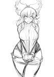  1girl alternate_costume anger_vein angry blush bow breasts clothes_tug contemporary curvy d:&lt; hair_bow hair_ribbon hair_tubes hakurei_reimu large_bow large_breasts lineart looking_at_viewer mazume monochrome pants pants_down ribbed_sweater ribbon sketch solo sweater sweater_tug touhou wide_hips 