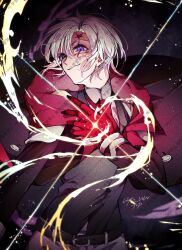  1boy allen_walker belt black_background black_coat black_order_uniform black_vest clothes_grab coat colored_extremities d.gray-man evil_smile facial_mark floating_clothes floating_hair hair_between_eyes highres hood hood_down hooded_coat long_coat looking_at_viewer male_focus necktie pants red_necktie red_stripes scar scar_on_face shirt short_hair sidelocks signature smile solo star_(symbol) star_facial_mark striped_coat uyu_ww vest violet_eyes white_hair white_pants white_shirt white_stripes yellow_light 