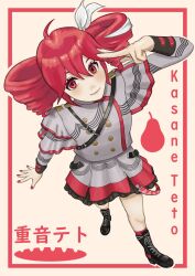  1girl absurdres ahoge arm_at_side arm_up belt black_belt black_boots black_skirt black_sleeve_cuffs blush boots border bow buttons character_name double-breasted drill_hair fingernails flat_chest full_body grey_skirt hair_between_eyes hair_bow hair_ribbon highres inset_border jacket kasane_teto kasane_teto_(sv) kneehighs lace-up_boots layered_skirt layered_sleeves lips long_sleeves musical_staff musical_staff_print pearto platform_boots red_border red_eyes red_hair red_nails red_skirt red_socks red_trim ribbon shoulder_belt shoulder_boards skirt smile socks solo striped_clothes striped_jacket striped_skirt synthesizer_v thataveragejoe twin_drills twintails utau white_bow white_ribbon 