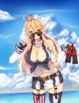  1girl bare_shoulders blonde_hair blue_eyes breasts bustier cleavage coca-cola cowboy_shot elbow_gloves fingerless_gloves front-tie_top garter_straps glasses gloves hair_between_eyes headgear iowa_(kantai_collection) kantai_collection large_breasts leaning_forward long_hair looking_at_viewer miniskirt product_placement sirturner skirt smile solo standing star star-shaped_pupils sunglasses sunglasses_removed symbol-shaped_pupils thigh-highs zettai_ryouiki 